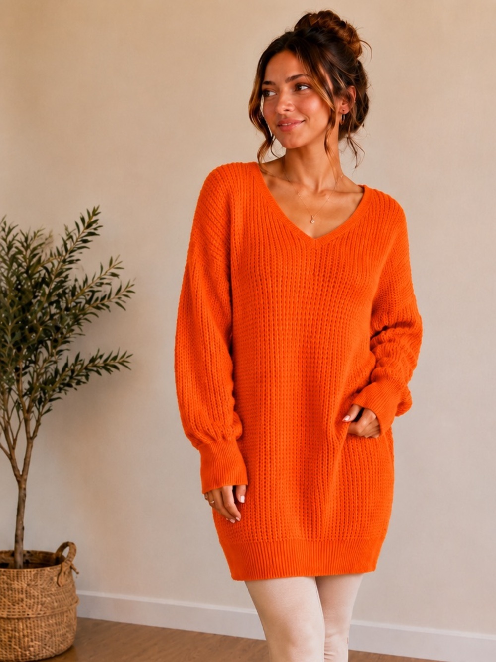 Listicle Long V-Neck Waffle Knit Sweater in Orange
